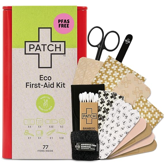 Patch Eco First Aid Kit, Assorted Hypoallergenic Adhesive Sizes Large and Small Bandages for Sensitive Skin, Essential Medical Supplies in a Reusable Tin, Latex Free, Sensitive Skin Bandages, 77 ct | Reusable, Assorted Adhesive Bandages, Wound Spray for Cuts and Scrapes, Tweezers, Scissors