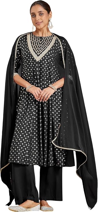 Janasya Indian Women's Rayon Black Foil Print Festive Wear Kurta Set for Women