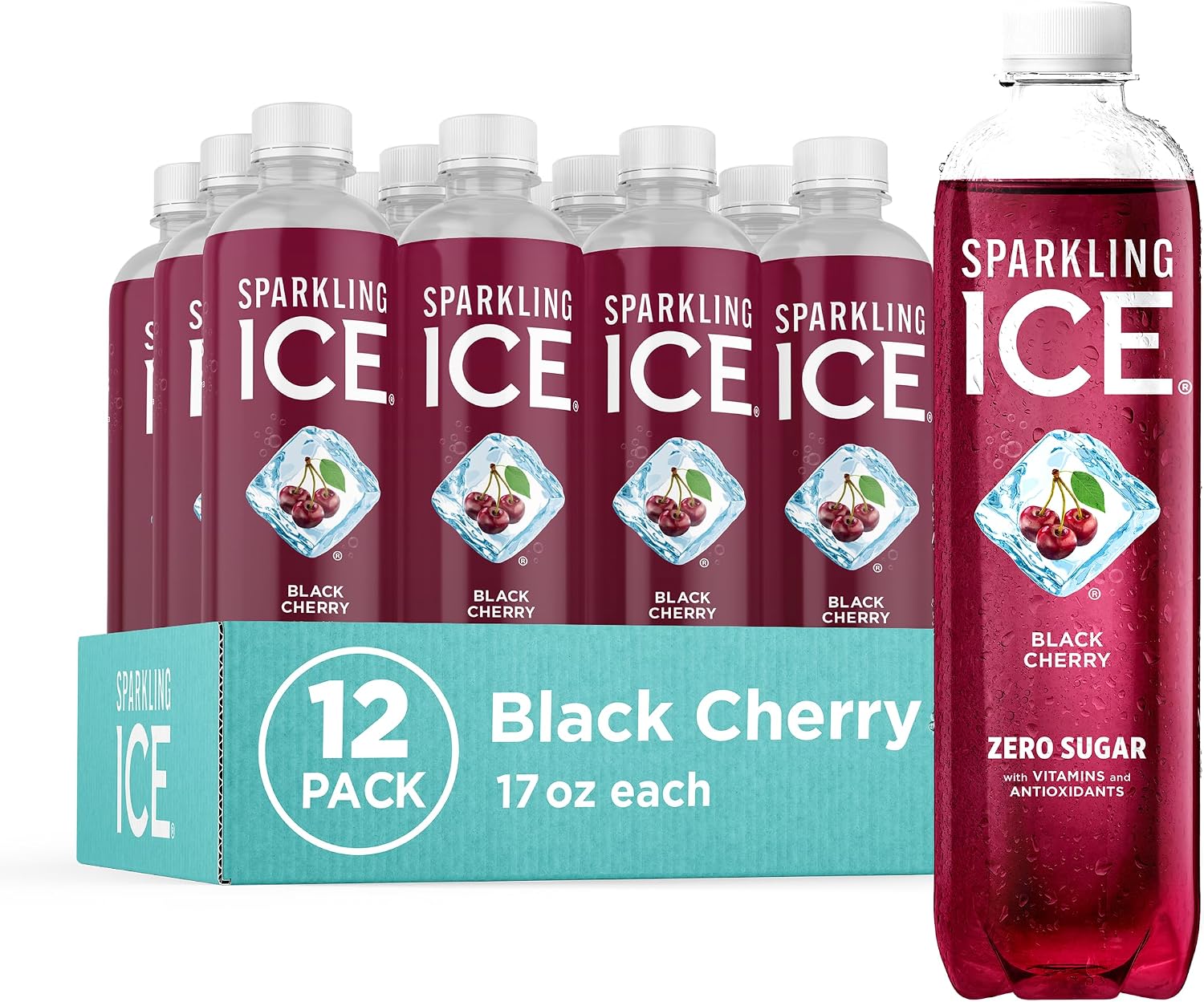 Sparkling Ice, Black Cherry Sparkling Water, with Antioxidants and Vitamins, Zero Sugar, 17 fl oz Bottles Pack of 12