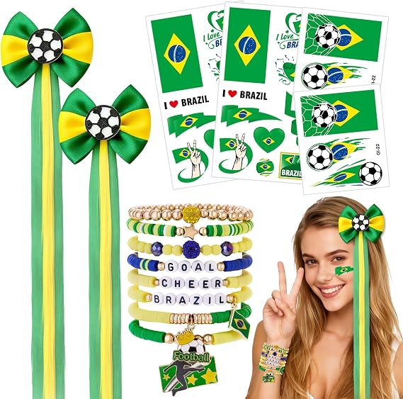 2026 Soccer BRAZIL Adult Supporter Kit 7PCS National Team Fan Accessories with Wig Hair Clip, Bracelets & Patriotic Face Decals for Stadium Events & Game Day (BRAZIL)