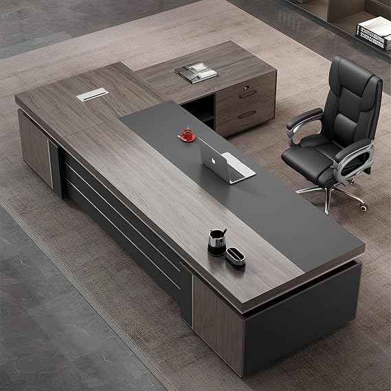 Large Modern L-shaped Executive Desk For Home Office, Stylish Ceo Computer Desk With Lockable Drawers & Double Side Cabinets, Efficient Wire Management (63x29.5x126in)