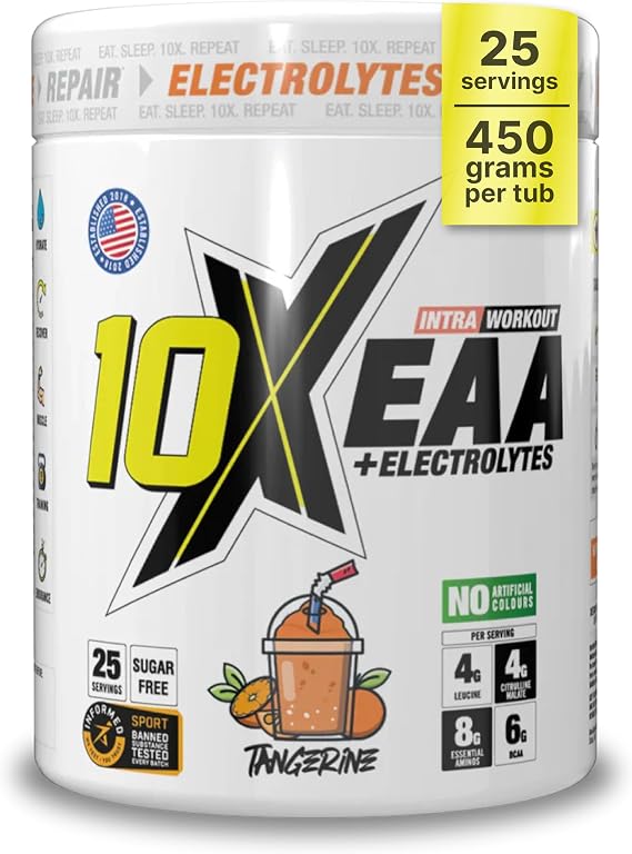 10X Athletic EAA Essential Amino Acids - Tangerine | 450g, 25 Servings | 750g Electrolytes per Serving | Muscle Growth, Recovery & Hydration | Vegan, Gluten & Lactose-Free