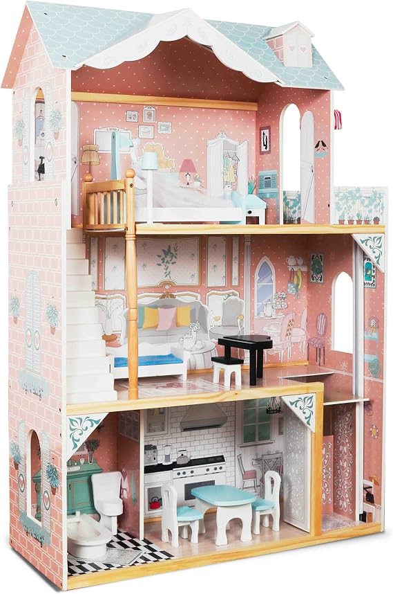 Lil' Jumbl Wooden Dollhouse, X-Large 3-Story, Elevator & Balcony, Blue