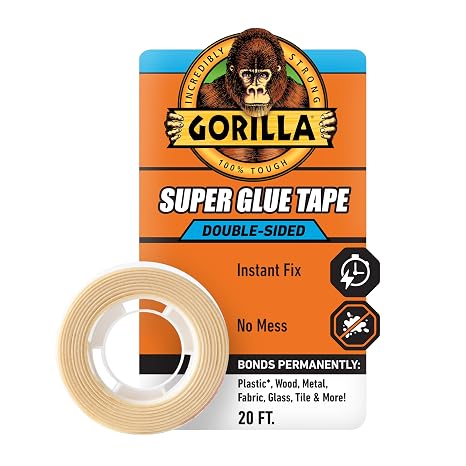 Gorilla Super Glue Tape, Multi-Purpose, Permanent, Double Sided, High Tack, 5/8in x 20ft, Clear (Pack of 1)