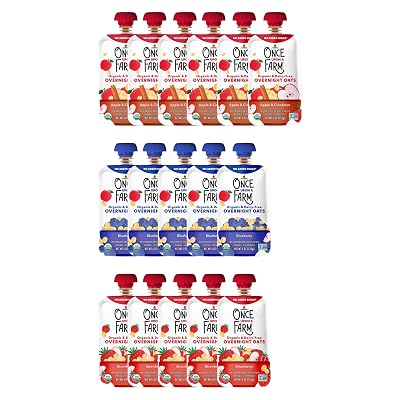 Once Upon a Farm Pouches, Overnight Oats Variety Pack, Blueberry, Apple, Cinnamon, Strawberry, USDA Certified Organic, Non-GMO, Cold-Pressure Protected, No Sugar Added, Variety Pack of 16