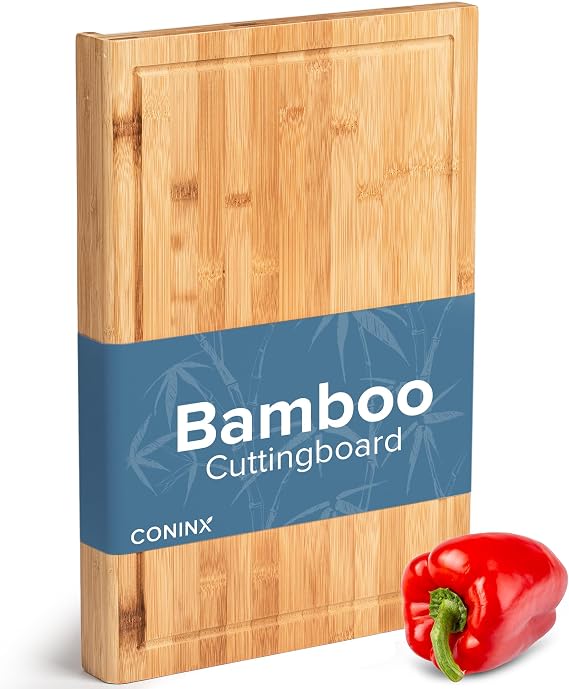 Large Wooden Bamboo Kitchen Chopping Board - 45 cm x 30 cm x 2.5 cm Large and Robust Kitchen Board/Kitchen Worktop/Work Board with Juice Ridge/Stop