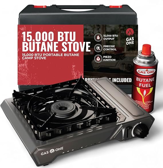 GasOne 15,000 BTU Portable Butane Camping Stove with Case: Automatic Ignition, Precise Heat Control - Camping & Tailgating and Outdoor Cooking
