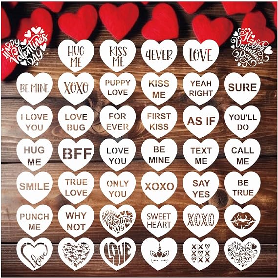 40pcs Conversation Hearts Cookie Stencils or Letter Happy Valentines Day Stencils for Cookies, Baking Decor with Heart Love Phrase Sign Crafts Painting Stencil Reusable (40 Hert)