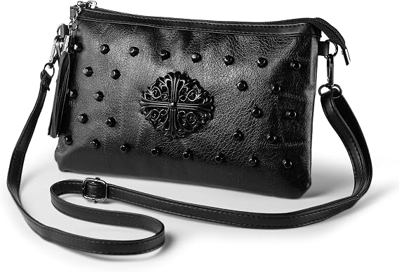 Black Clutch for Women PU Leather Small Handbags for Ladies Tassel Cross Body Shoulder Bag Rivets Crossbody Bag with Wrist Strap