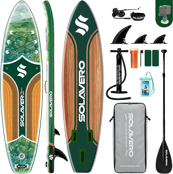 SOLAVERO Inflatable Paddle Board, All Accessories, Ultra-Light, 11'x33"x6" | Premium Stand Up Paddleboard for Adults & Youth, Repair Kit, Adjustable Paddle, iSUP for All Skill Levels, 200 kg Capacity