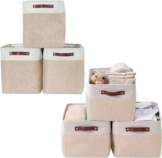 DECOMOMO Large Storage Bin Bundle | Fabric Storage Basket for Organizing Closet | Decorative Large Shelves Organizer Bins with Handles | (Beige and White, Large - 3 pack & L - 3 Pack)