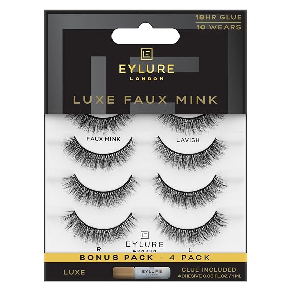 Eylure Luxe Faux Mink False Lashes - Natural Lavish, 4 Pairs Bonus Pack | Glue Included | 10 Wears