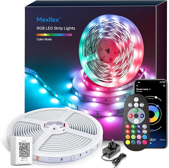 Mexllex Led Strip Light 15M, Bluetooth APP & Remote Control, Music Sync Color Changing RGB SMD Led Light Strips for Bedroom, Home, Party, Kitchen Decoration (1x15M) [Energy Class A]