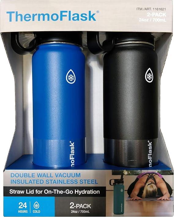 ThermoFlask 24-Ounce Double Wall Vacuum Insulated Stainless Steel Water Bottles With Straw Cap 2-Pie