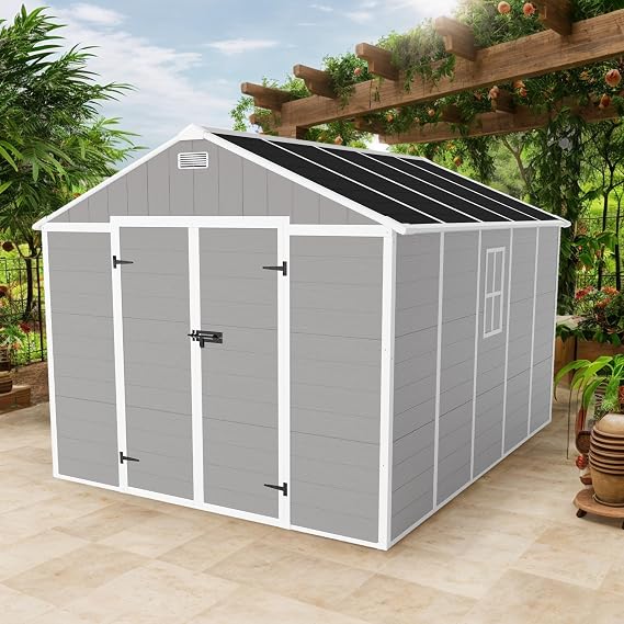 8x10 ft Outdoor Resin Storage Shed with Floor, Waterproof Plastic Garden Shed with Lockable Door and Windows and Vents, All-Weather Tool Sheds for Backyard, Patio, Lawn (Grey)