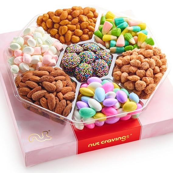 NUT CRAVINGS - Candies & Mixed Nuts Gift Basket in Red & Gold Box | (7 Assortments, 1 LB) Food Arrangement, Healthy Snack Care Package, Food Assortments