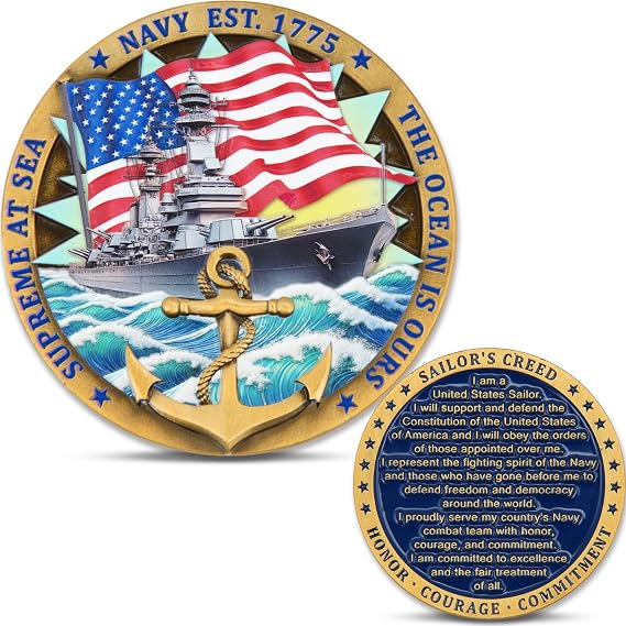 UAS-Navy Sailor's Creed Challenge Coin - Antique Gold Plated Commemorative Medallion with Protective Case - Military Retirement, Veteran Appreciation & Boot Camp Graduation Gifts