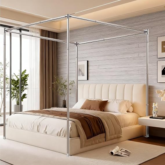 Canopy Bed Frame Queen Size, Thick Stainless Steel Canopy Bed Frame, Mosquito Net, Bed Post Pole with Metal Connector for Bedroom Decoration