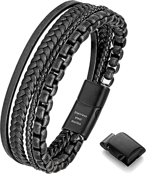 Men's Leather and Steel Chain Bracelet with Clasp