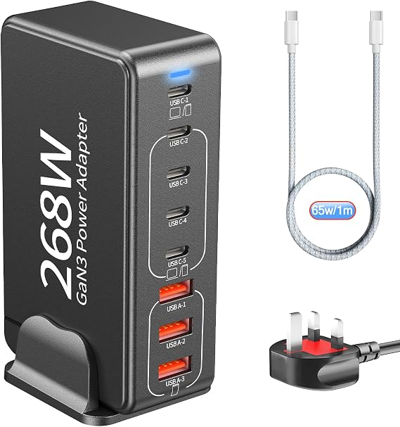 USB C Charging Station:268W 8-Port GaN III Fast Charger for Multiple Devices,USB-C PD 100W Fast Charging Desktop Charger,Compatible with iPhone, Samsung, MacBook, Dell and More