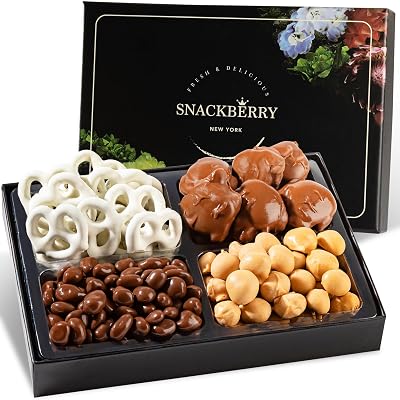 Premium Chocolate Gift Box Assorted Treats with Chocolate-Covered Pecan, Maple Nuts, Yogurt Pretzels & Raisins Perfect Holiday, Birthday & Corporate Gift Box