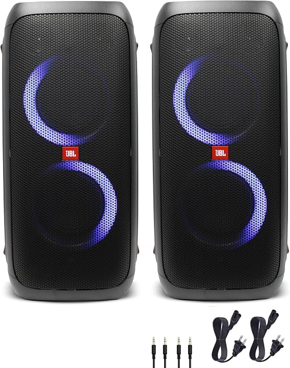 JBL PartyBox 310 Portable Bluetooth Speaker with Lights (JBLPARTYBOX310AM) + 2 x AUX Cable + MicroFiber Cloth (2-Pack) | Splash Proof Speaker - 18 Hours of Playtime - Powerful Sound and Deep Bass + Two Microphone System + AUX Cable