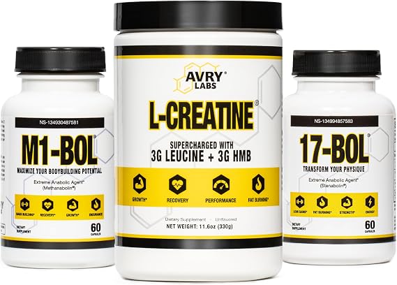 Avry Labs Triple Stack, M1-BOL and L-CREATINE - Extreme Anabolic Supplements for Muscle Growth, Recovery and Endurance