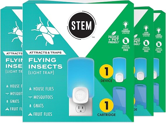 STEM Insect Trap - Indoor Fruit Fly & Gnat Pest Control for House, Home and Kitchen, Attracts & Traps Flying Bugs, Soft Blue Light - Includes 4 Plug-in Device & 4 Cartridges