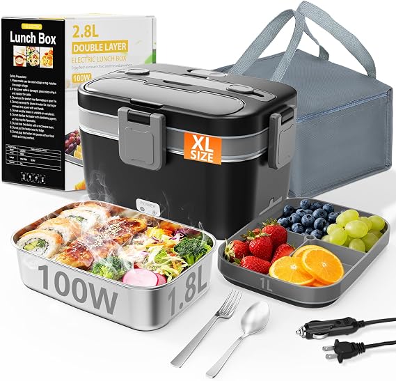 Adult Electric Lunch Box 2.8L Double Layer100W Fast Heating Lunch Box Heated Food Warmer for Home/Car/Office/Truck, Lonchera Eléctrica Portátil 12/24V/110-230V Black+Grey