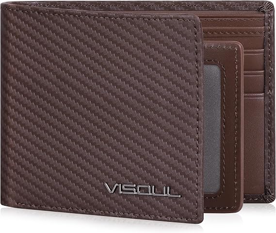 VISOUL Mens Carbon Fiber Leather Bifold Wallet with 2 ID Windows, RFID Blocking Stylish Wallet for Men with 2 Cash Compartments (Brown+Brown)