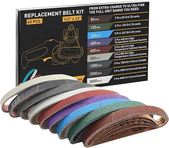 45 Pcs 1/2" x 12" Replacement Sharpening Belt Kit for Official Work Sharp Knife & Tool Sharpener (WSKTS & WSKTS-KT/Mk.1 & Mk.2) - Assorted Grits (80/120/240/400/600/800/1000/2500/5000)