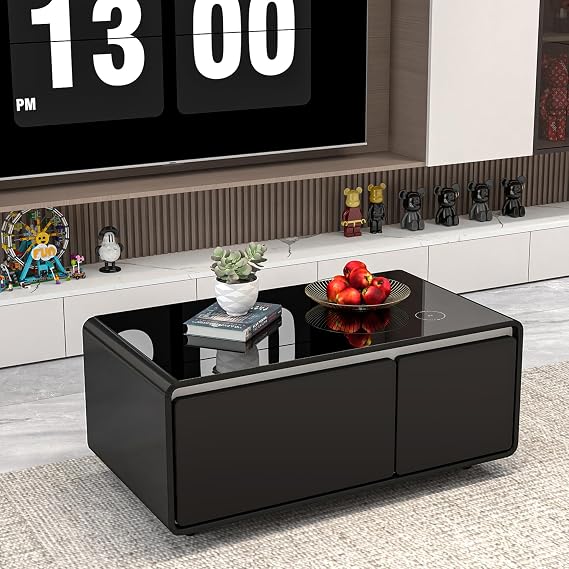 Modern Smart Coffee Table with Built-in Fridge, Wireless Charging, Power Socket, USB Interface, Outlet Protection, Mechanical Temperature Control and Ice Water Interface, Black