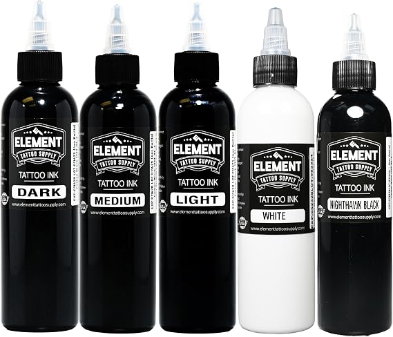 Element Tattoo Supply Greywash Ink Set 5 Shades 4oz Black Grey Tattooing | Five shade grey wash set light medium dark plus black white for outlining shading blending tattoo work