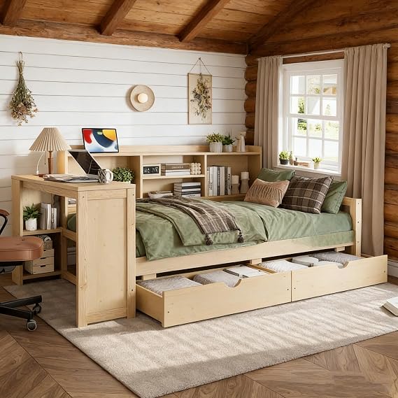Bellemave Twin Size Corner Bed Frame with Storage Drawers and Desk,Captain L-Shaped Daybed with Bookcase,Corner Bed Frame Twin Size with Charging Station for Kids,Teens,Guests,Natural