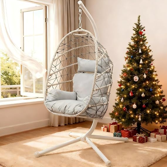 FansaFurn Hanging Egg Chair, Swing Chair with Stand, Hammock Chair IndoorPatio Boho Wicker 350lbs Capacity, Swing Chair for Bedroom Garden, Balcony, Beige &Gray