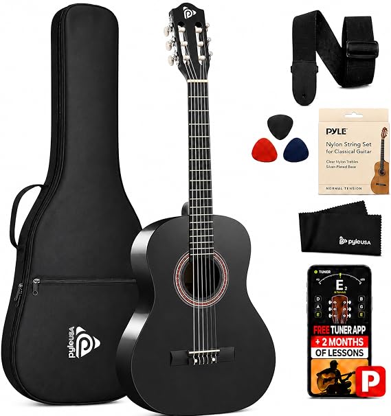 Pyle 36-Inch Beginner Classical Acoustic Guitar Kit, 3/4 Size Junior Nylon String Guitar for Kids and Adults, Includes Gig Bag, Strap, Spare Strings, Picks, Cleaning Cloth, 18 Frets, Black