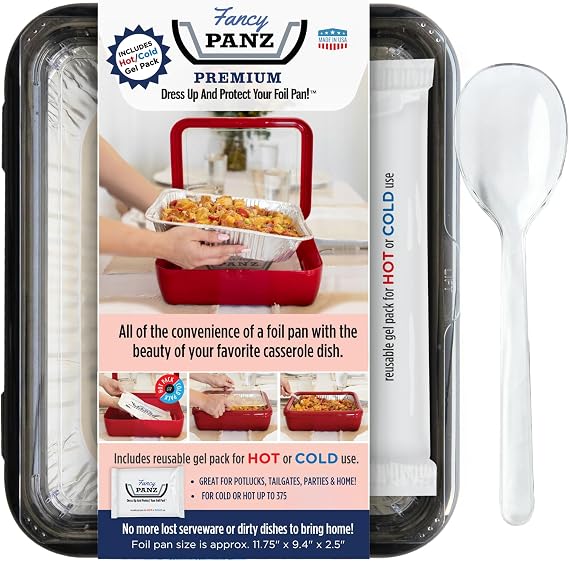 Fancy Panz Charcoal - Premium - Reusable Foil Pan Holder - Made in USA | Latch Lid - Half Size Foil Pan, Serving Spoon & Hot/Cold Pack - Removeable Clear Cover- Dress Up And Protect Your Foil Pan