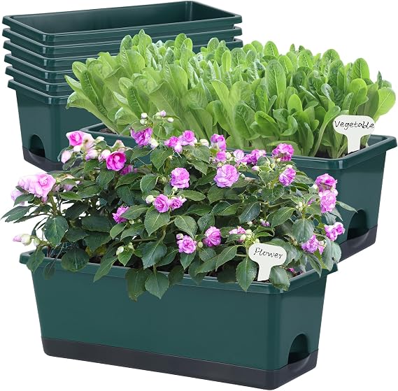 Oliz Window Box Planter 8 Pcs, 17 Inches Rectangle Flower Pots with Drainage Holes & Trays, Vegetable Planters for Windowsill Patio Garden Balcony Home Indoor Outdoor (Dark Green, 16 * 7 * 6 inch)