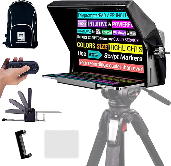 iLight PRO 12" Autocue teleprompter iPad Tablet - Kit teleprompter for Video with Remote Control, APP & Carry Bag, Beam Splitter Prompter DSLR, iPhone, APP for Apple Android Mac Win