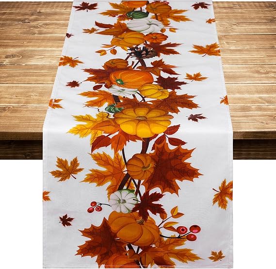 Ruisita Thanksgiving Table Runner 73 x 12 Inches Fall Maple Leaves Pumpkin Table Cloth Runner Polycotton Autumn Harvest Tablerunners for Thanksgiving Parties Decoration Fall Wedding Decorations