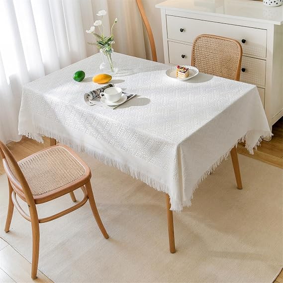 Rectangle Tablecloth, Washable Cotton Linen Table Cloth Wrinkle Free Tassel Decoration for Outdoor Coffee Table, Kitchen, Dining, Tabletop Decoration (Off-White,90x180cm)