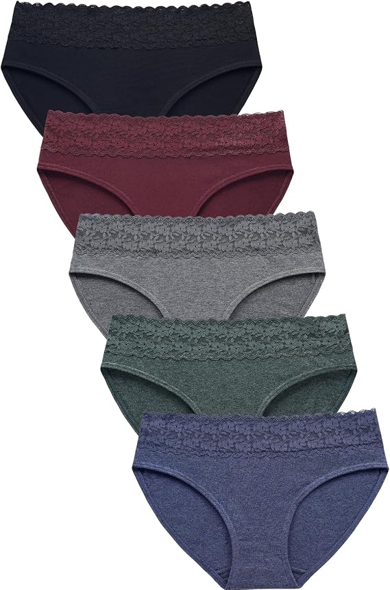 Wealurre Underwear Women Cotton Lace Waisted Bikini Panties 5-Pack | Breathable Hipster, Soft Stretch Briefs, Full Coverage