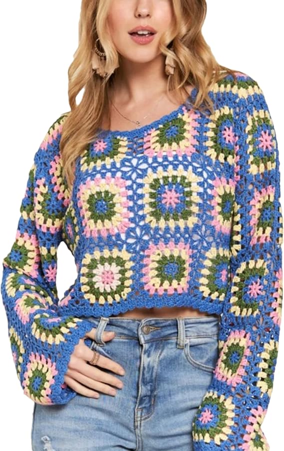 Women's Granny Square Crochet Crop Top Bell Sleeve Colorful Boho Knit Pullover Sweater