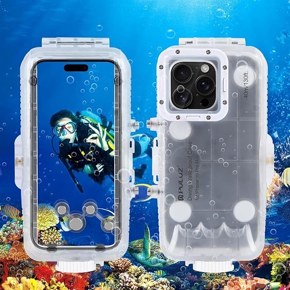 PULUZ Diving Waterproof Phone Case, Underwater Snorkeling Diving Case for iPhone 16 Pro Max, [130ft/40m] Professional Scuba Dive Waterproof Cover Photo Video Taking Housing