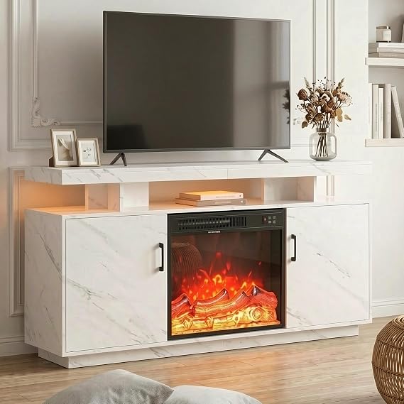 Manora 59" Fireplace TV Stand with Storage Cabinets, Modern Faux Marble Media Console with 22" Electric Fireplace, Fits TVs up to 65 Inch for Living Room