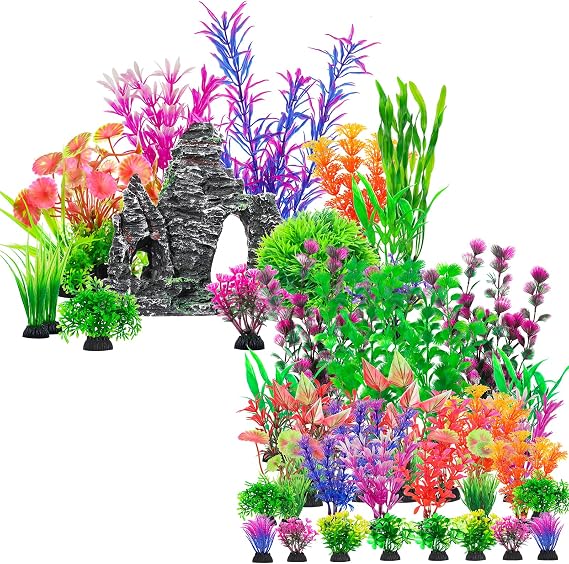 CousDUoBe 13Pcs Aquarium Plants Cave Rock Decor Set& Fish Tank Artificial PlasticPlants,30Pcs Aquarium Plants