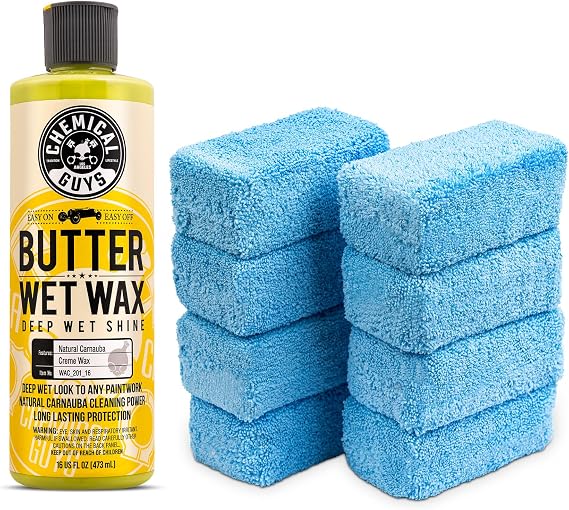 Chemical Guys Butter Wet Wax Deep Wet Shine Liquid Car Wax and 8 Foam Applicator Pads for Cars, Trucks, SUVs, RVs, and Motorcycles, Easy On/Off Formula, Banana Scent, 16 fl oz