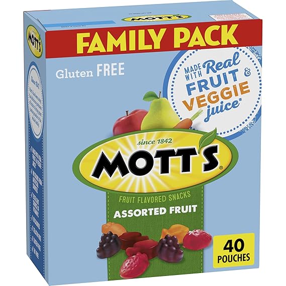 Motts Assorted Fruit Snacks Family Pack, Gluten Free Gummies, Made with Fruit & Veggie Juice, Good Source of Vitamin C, Gelatin Free, 40 Count Individual Pouches, 32 oz