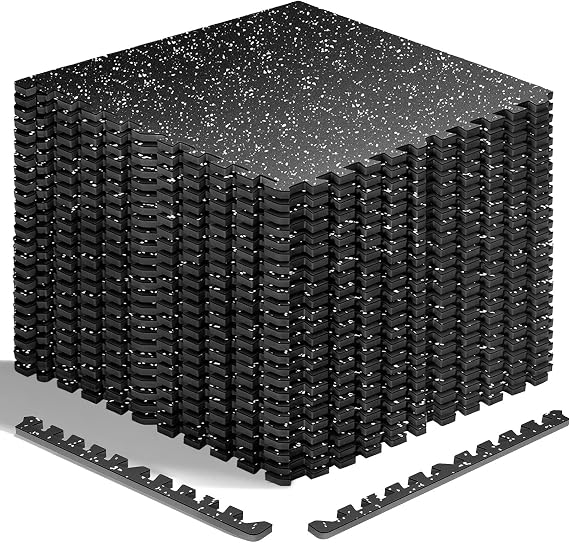 HAPBEAR 0.56'' Thick 12 Pcs 48 Sq Ft Exercise Equipment Mats - High-Density Rubber Top EVA Foam Interlocking Mats, 24x24in Tiles, Heavy-Duty Treadmill Mat for Hardwood Floors, Home Gym Mat