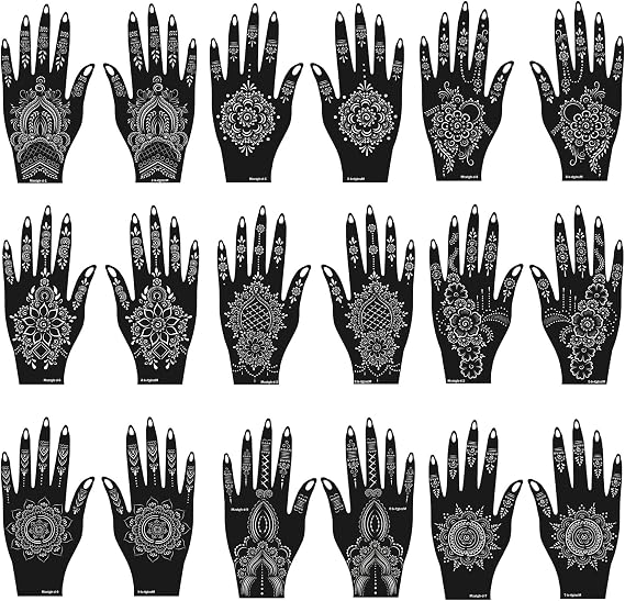Mzstgh Henna Tattoo Stencils Kit, 18 Sheets Self-Adhesive Templates, Indian Mehndi Designs for Hands, Traditional Body Art